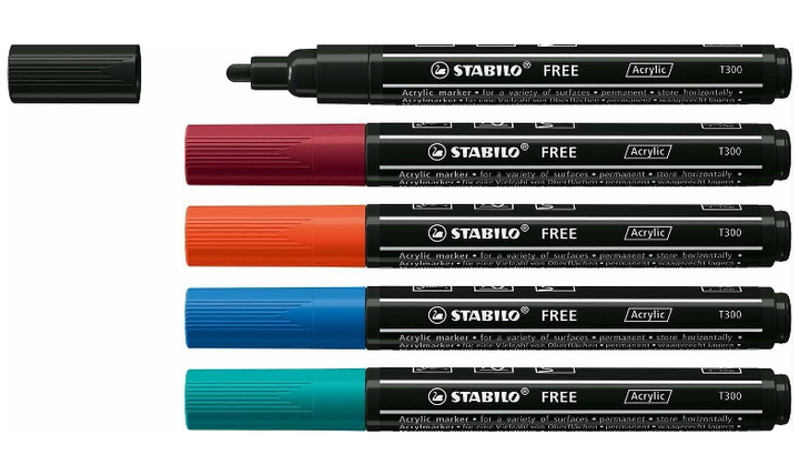 Acrylic Marker - STABILO FREE Acrylic - T300 2-3 mm Bullet Tip Urban - Wallet of 5 - Assorted Colours