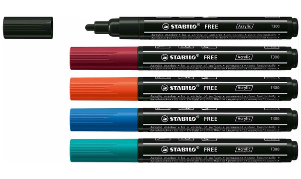 Acrylic Marker - STABILO FREE Acrylic - T300 2-3 mm Bullet Tip Urban - Wallet of 5 - Assorted Colours