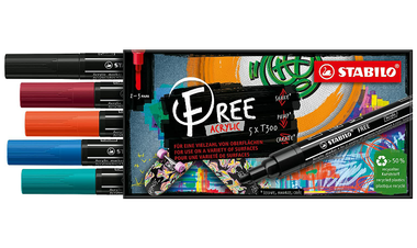 Acrylic Marker - STABILO FREE Acrylic - T300 2-3 mm Bullet Tip Urban - Wallet of 5 - Assorted Colours