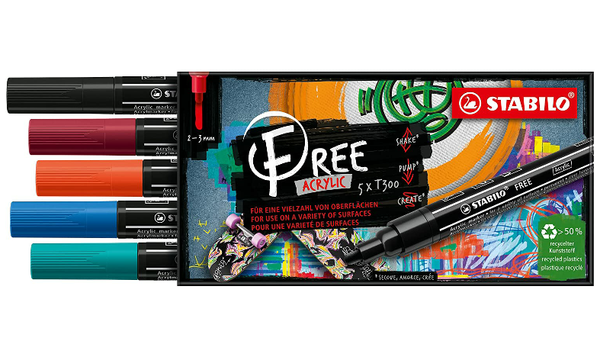 Acrylic Marker - STABILO FREE Acrylic - T300 2-3 mm Bullet Tip Urban - Wallet of 5 - Assorted Colours