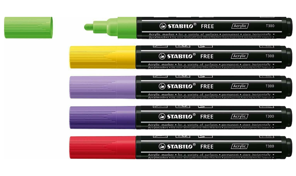 Acrylic Marker - STABILO FREE Acrylic - T300 2-3 mm Bullet Tip Vibrant - Wallet of 5 - Assorted Colours