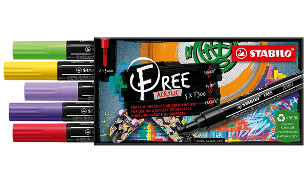 Acrylic Marker - STABILO FREE Acrylic - T300 2-3 mm Bullet Tip Vibrant - Wallet of 5 - Assorted Colours