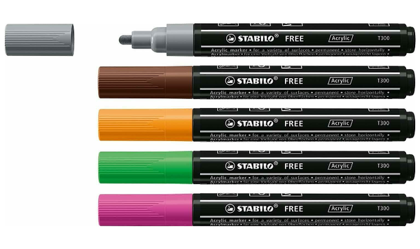 Acrylic Marker - STABILO FREE Acrylic - T300 2-3 mm Bullet Tip Vintage - Wallet of 5 - Assorted Colours