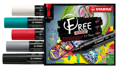 Acrylic Marker - STABILO FREE Acrylic - T800C 4-10 mm Bullet Tip - Bold - Wallet of 5 - Assorted Colours