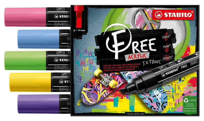 Acrylic Marker - STABILO FREE Acrylic - T800C 4-10 mm Bullet Tip - Seaside - Wallet of 5 - Assorted Colours