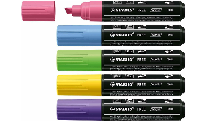 Acrylic Marker - STABILO FREE Acrylic - T800C 4-10 mm Bullet Tip - Seaside - Wallet of 5 - Assorted Colours