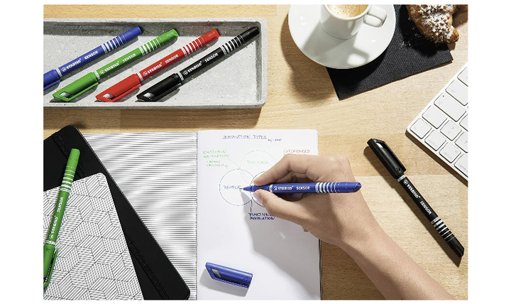 Fineliner with Cushioned F-Tip - STABILO SENSOR F - Pack of 4 - Green, Red, Blue, Black