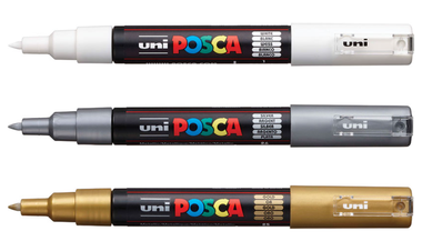 Uni POSCA Marker Pen PC-1M Extra Fine Set of 3 (White Gold Silver)