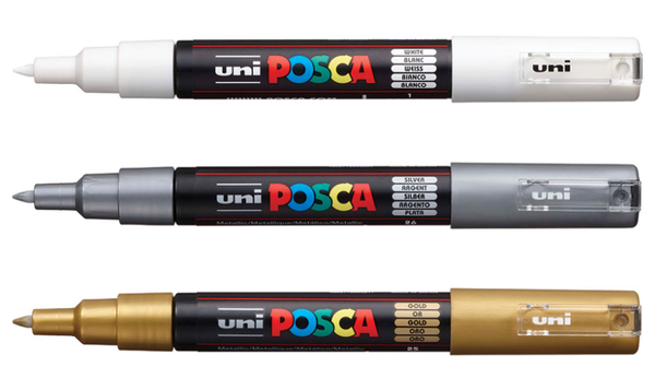 Uni POSCA Marker Pen PC-1M Extra Fine Set of 3 (White Gold Silver)