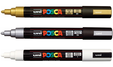 Uni POSCA Marker Pen PC-5M Medium Set of 3 (Gold Silver White)